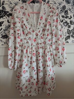 SHEIN White Dress with Rose Print and Lace Trim